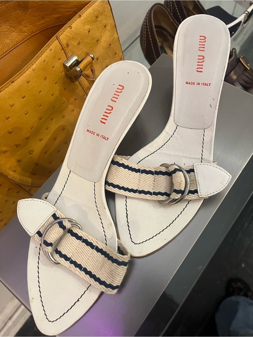 Miu Miu White Leather Slide Sandals with Navy-Trim Fabric Strap